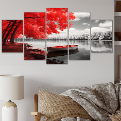 Red Lake Dockside Serenity - Lake House Cottage Wall Art Print - 5 Panels