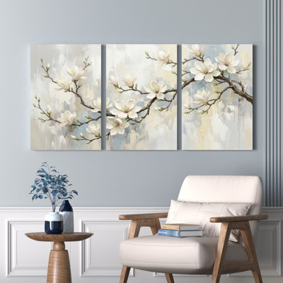 Ensemble de 3 tableaux muraux sur toile tendue représentant des fleurs de magnolia blanches, pour la décoration du salon et de la chambre.