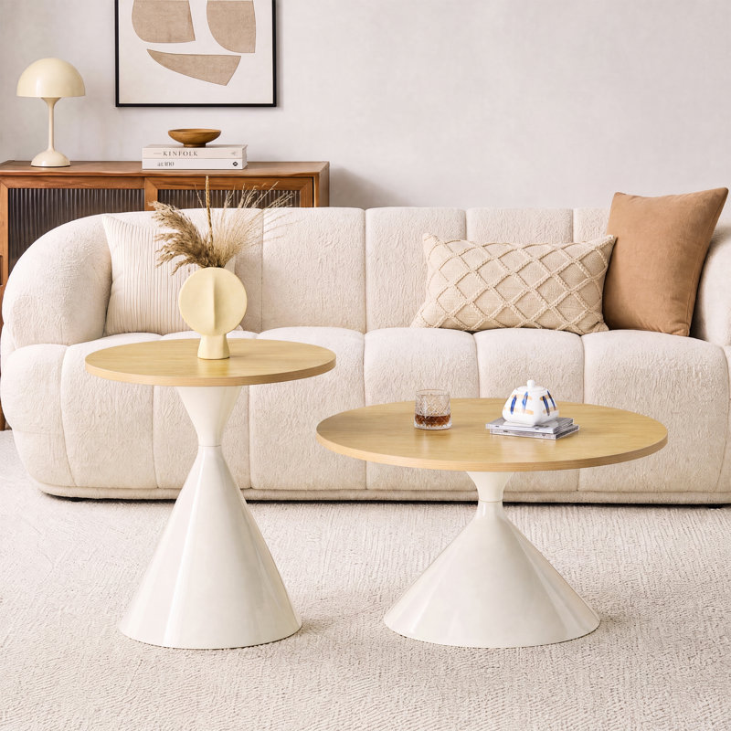 Living Room Table Set, Cream, Natural Wood