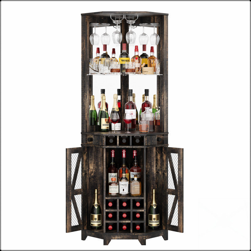 Grande armoire à vin de ferme avec porte de grange, miroir en acrylique et support en verre pour un rangement élégant