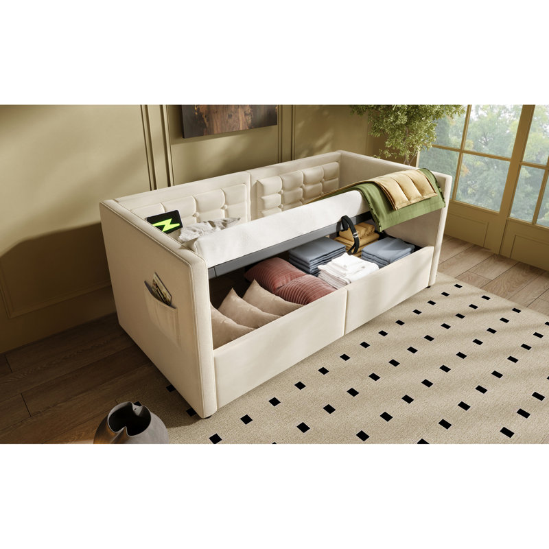 Twin Size Beige Velvet Upholstered Daybed With Hydraulic Storage, & Type - C Charging, Wooden Slats, And Back For A Practical Bedroom Furniture Back, Bed Frame Without Mattress, Convenient Charging