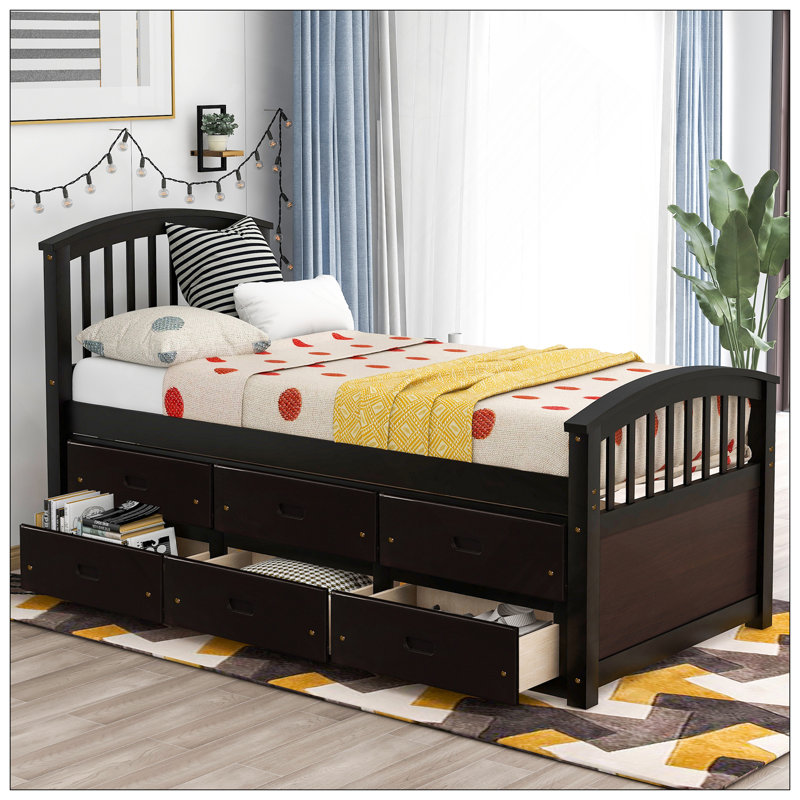 Lit plateforme simple en bois massif avec 6 tiroirs de rangement, élégant et durable pour les chambres modernes, Espresso