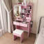 Petit bureau de coiffeuse avec miroir et lumières DEL réglables, prise de courant intégrée et rangement dissimulé, comprend tabouret et tablette rembourrés, coiffeuse pour petites chambres