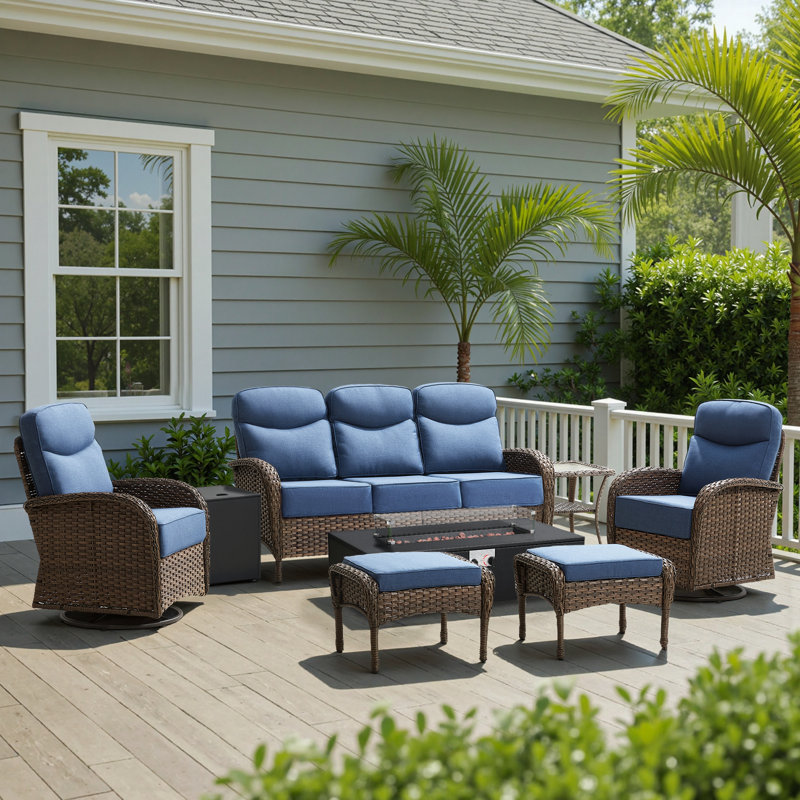 7-Piece Outdoor Wicker Courtyard Fire Pit Conversation Set With Sofa, Swivel Chairs And Ottomans, Blue