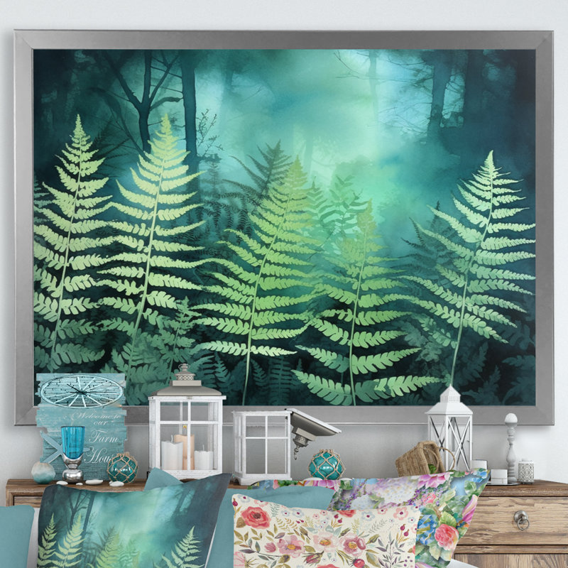 «Green Teal Fern Flowers», impression sur toile, H 16 po x l 32 po x P 1 po, Cadre photo argenté