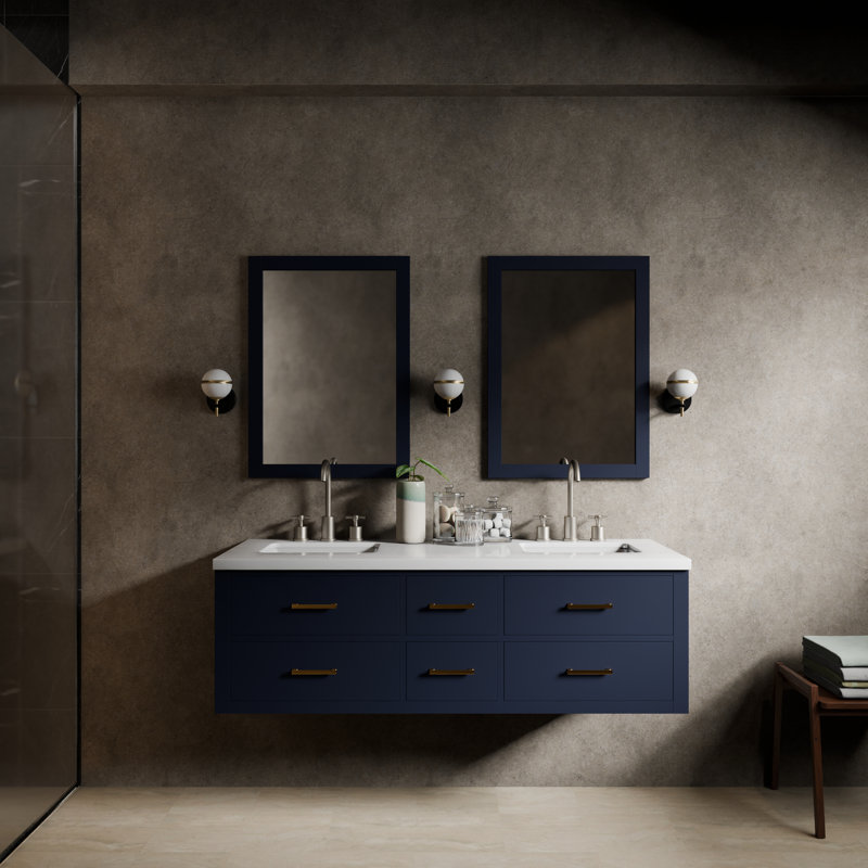 60" Wall-Mounted Double Bathroom Vanity Set, Blue, White Cultured Marble