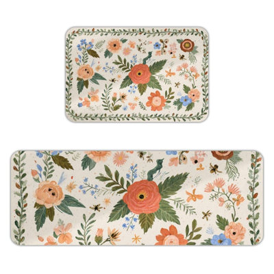 Watercolor Floral Wreath, Kitchen Mats Set Of 2