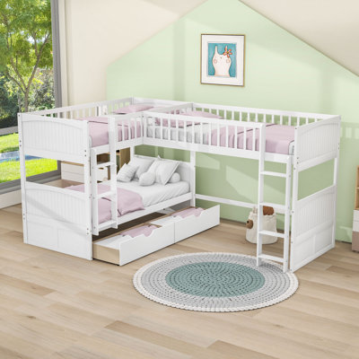 Triple Twin Over Twin And Twin Bunk Bed With Ladder And Drawers