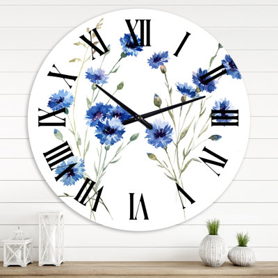Bleu bleuet avec feuilles vertes III - Horloge murale traditionnelle