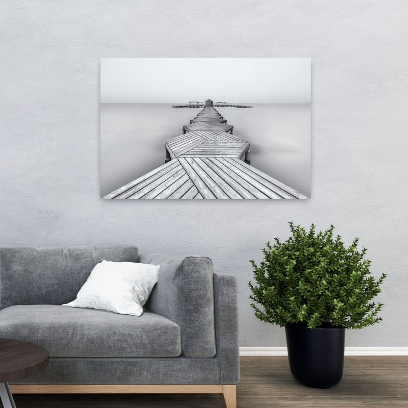 «Serene Wooden Pier», géométrique minimaliste, paysage pacifique, art mural océan, H 32 po x l 48 po
