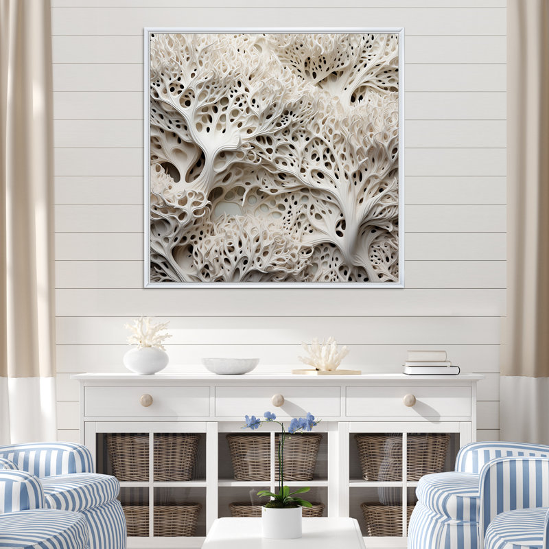 Collage de coraux noirs et blancs sous l'eau - Art nautique et plage sur toile, Cadre flottant blanc, H 16 po x l 16 po