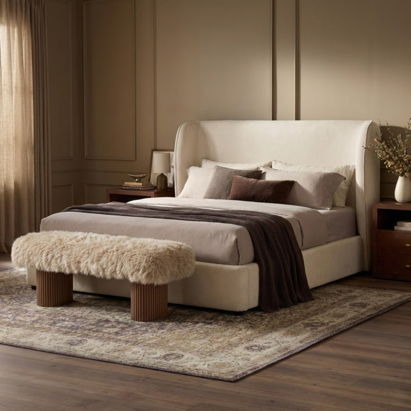 Waynesville Modern Upholstered Platform Bed with Wingback Headboard, Queen
