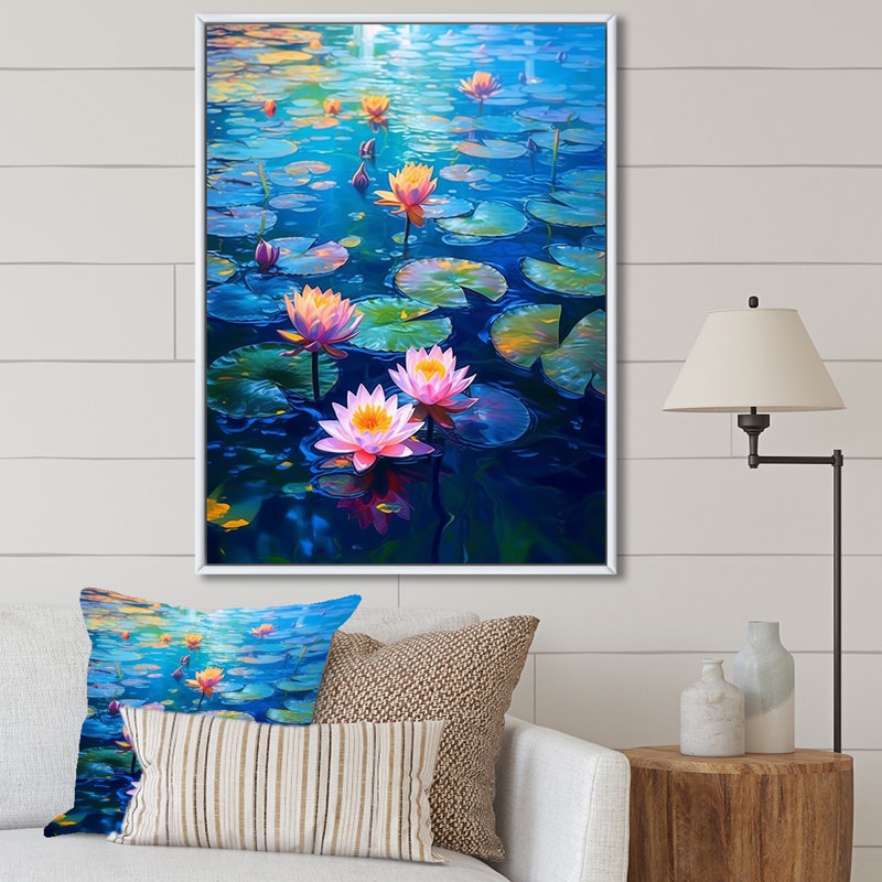 Water Lily Embrace sur toile, Cadre flottant blanc, H 32 po x l 24 po x P 1 po