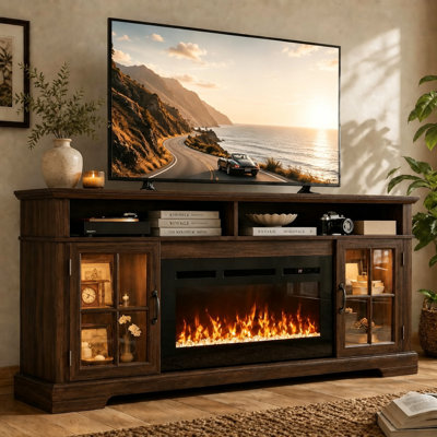 70" Fireplace TV Console for TVs Up to 80", Farmhouse Media Entertainment Stand with 36" Electric Fireplace, Ambient LED Lighting & Glass-Door Cabinets