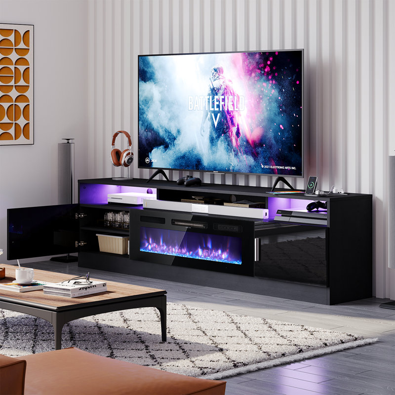 80" Electric Fireplace TV Stand , fits TVs Up to 90", Media Console with Electric Fireplace and Power Outlets, 12 Flame Colors，Large Storage Space