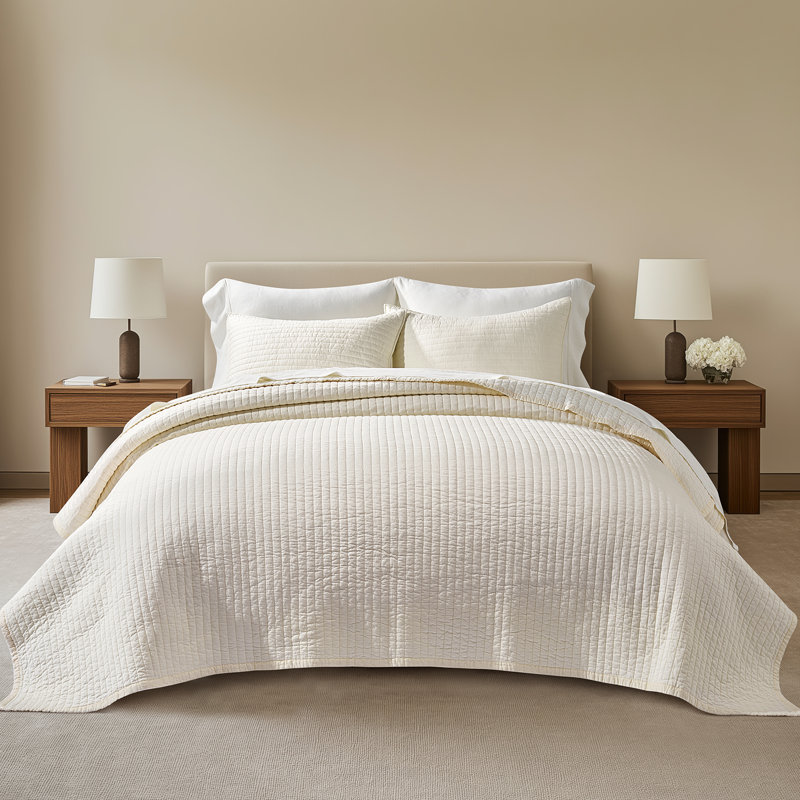 Cotton Sateen Channel Stitch Quilt Set, Ivory White, Queen Quilt + 2 Queen Shams