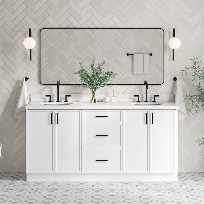 ARIEL Kelly 72 Double Sink Bathroom Vanity with Carrara Quartz Top, White