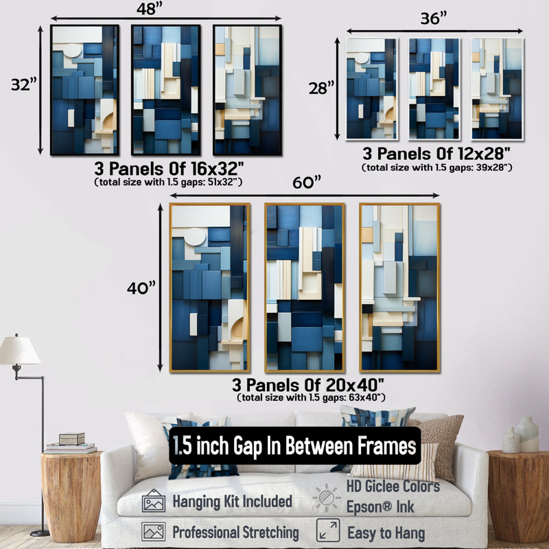 «Blue Behemoths Modern Skycrapers - Skyscrapers», ensemble d'art mural, Cadre flottant doré, H 28 po x l 36 po x P 1 po
