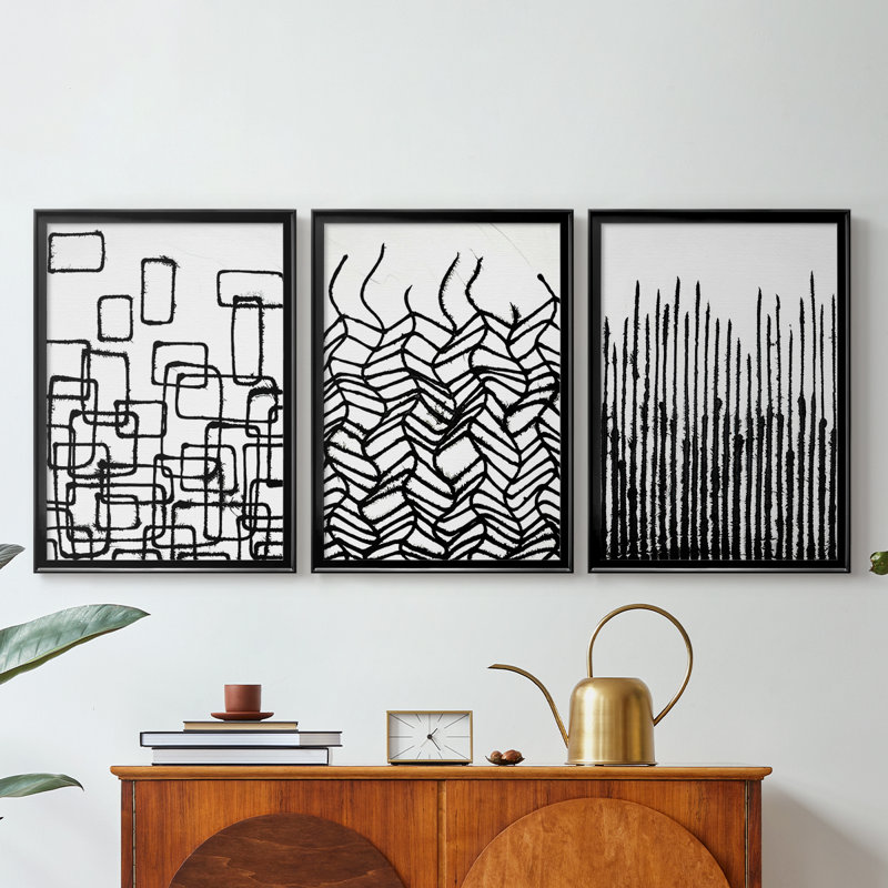 Linear Effervescence I - Toile tendue avec châssis sur mesure - 3 pièces, Noir, H 30 po x l 63 po