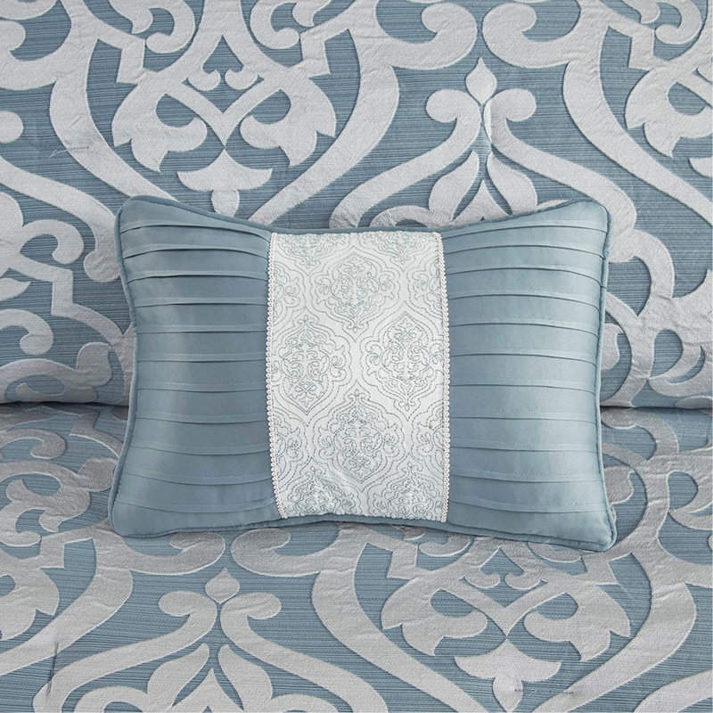 Ensemble d'édredon 8 pièces en jacquard luxueux de couleur turquoise et argent, pour une utilisation toute l'année et un élégant décor de chambre à coucher