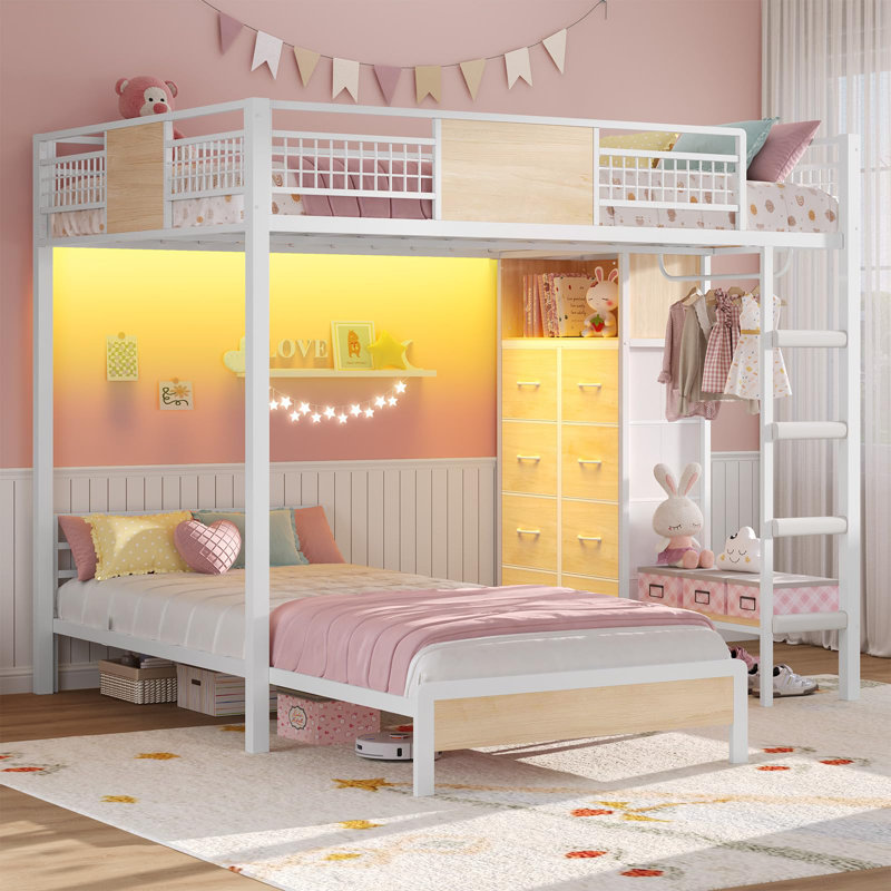 Full Over Twin Bunk Bed With 8 Storage Drawers, Metal Loft Bed With Led Lights And Storage Shelves,, White
