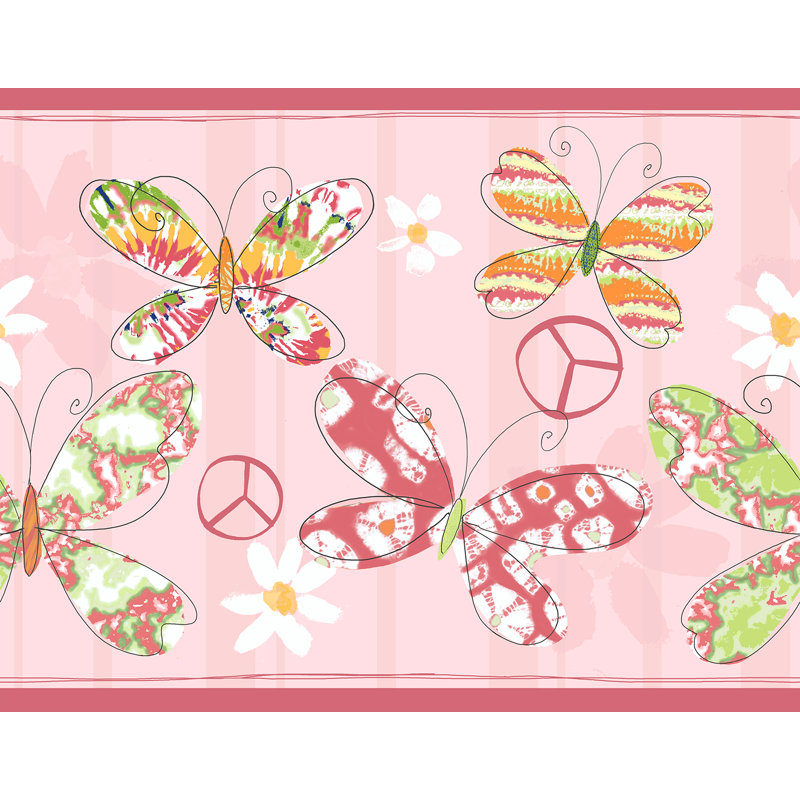 Bordure de papier peint lisse Peaceful Butterflies L 16,5 pi x l 9 po, Rouge / rose / pomme verte