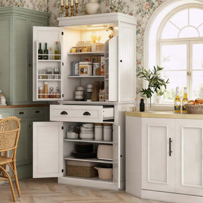 Nordic Style Pantry Cabinet with LED Lights, Door Shelves, and Adjustable Shelves