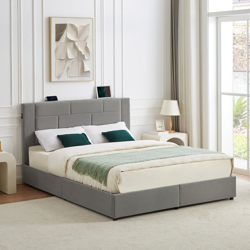 Base de lit très grand Denman avec 4 tiroirs de rangement et station de charge avec ports USB, Grand, Gris foncé