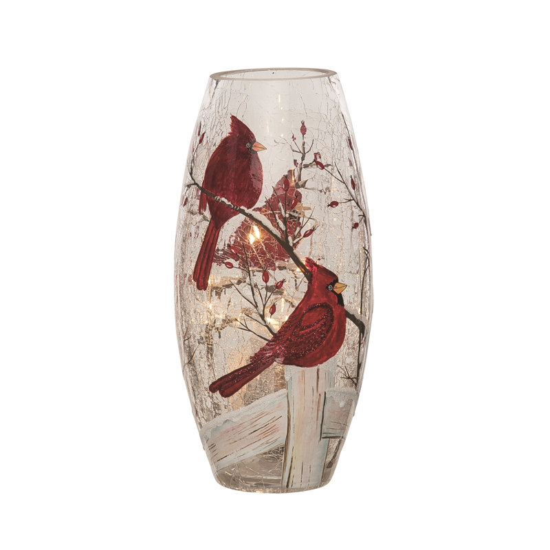 Vase cardinal en verre peint à la main - décor de table de Noël décoratif, à piles (2 x AA), verre rouge pré-éclairé pour l'intérieur, parfait pour les décorations des Fêtes, les cadeaux et les cadeaux d'hôtesse