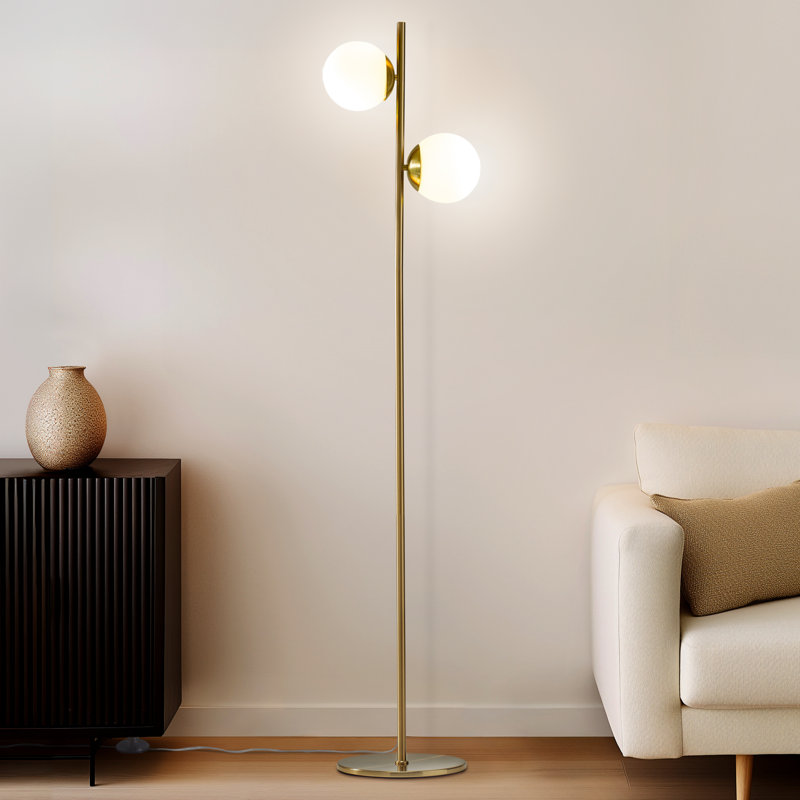 Sphere 65 in. Modern LED Energy-Efficient Floor Lamp in Brass Finish with 2 Glass Globe Shades