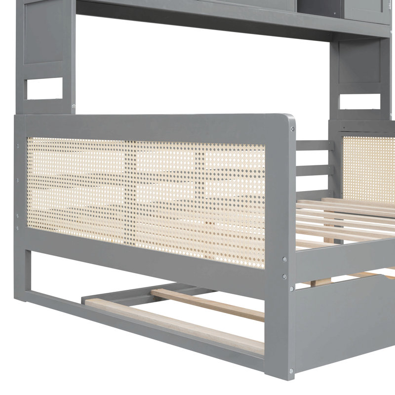 Lit de jour en bois avec lit gigogne, armoire et tablette, Gris, Lit double