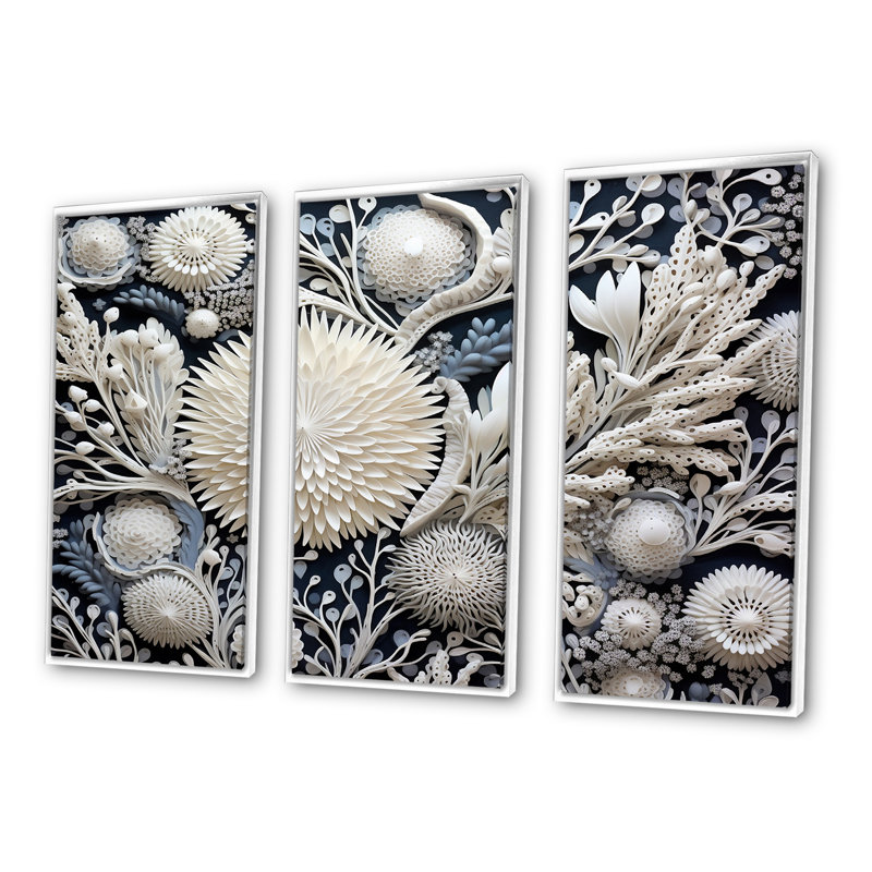 Fleurs de corail gris - Ensemble d'art mural corail sous l'eau, Cadre flottant blanc, H 40 po x l 60 po x P 1 po