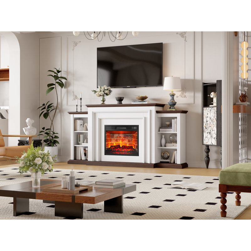 72" Electric Fireplace Tv Stand With Mantel & Led Flames – Fits 80" Tvs, Remote Control, White Storage Media Console, Brown