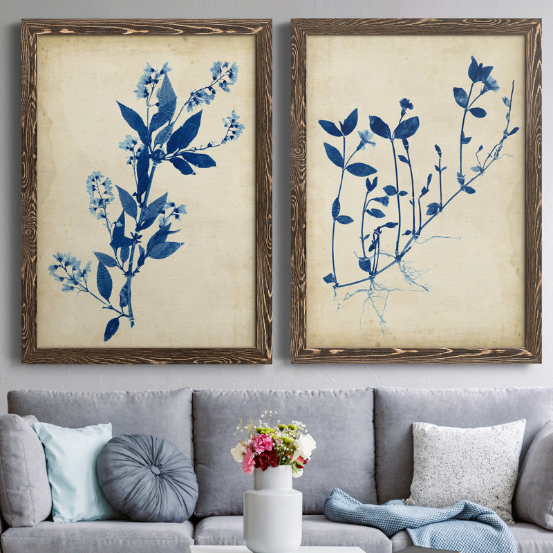 Toile indigo indigo, H 31,5 po x l 47 po x P 1,5 po, Toile avec cadre en noyer, Pas de tapis