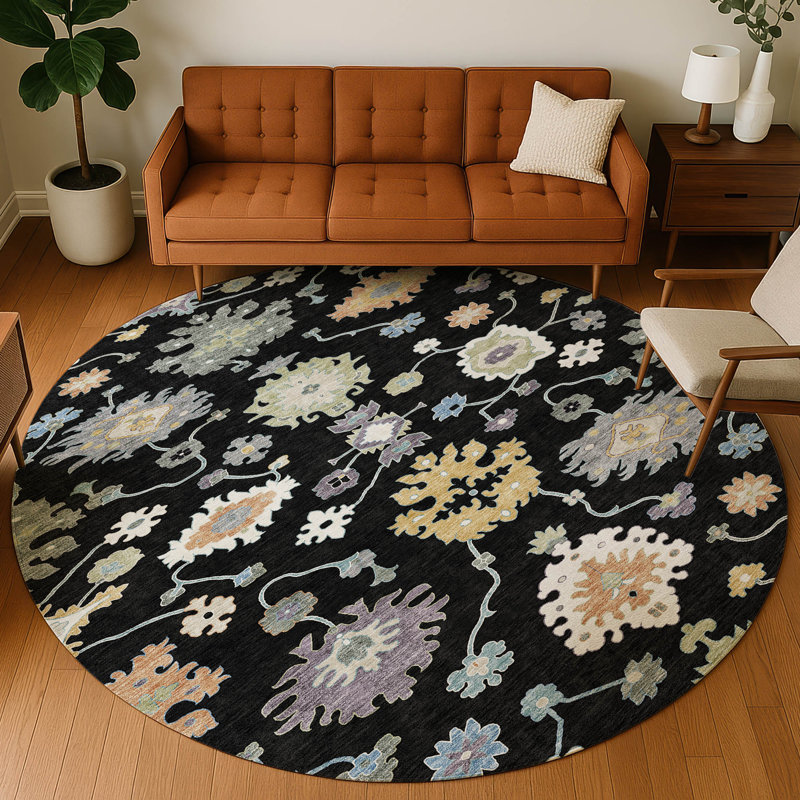 Tapis traditionnel lavable à la machine intérieur / extérieur ACN2532, Noir, Rond 8 pi