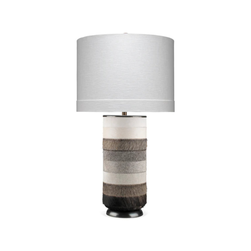 White and Gray Cowhide Leather Table Lamp with Linen Shade