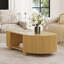 Table basse ovale cannelée avec rangement pour le salon, bois d'hévéa massif, 1 tablette et 2 portes de rangement ouvertes-2056830886