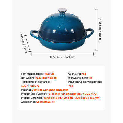 Cocotte en fonte émaillée, 5 litres, idéale pour la cuisson du pain au levain, compatible avec les fours à induction jusqu'à 260 °C, robuste et dotée d'un couvercle et de deux poignées, conçue pour la cuisson et le rôtissage.