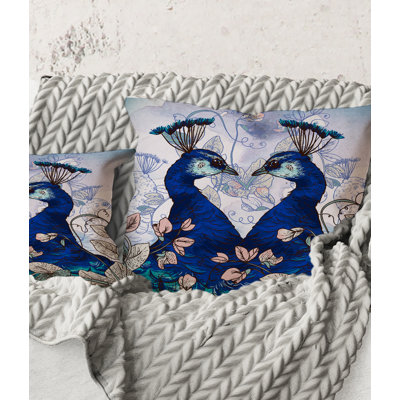 Square,Two Blue Peacocks With Wildflowers - Traditional Printed Throw Pillow