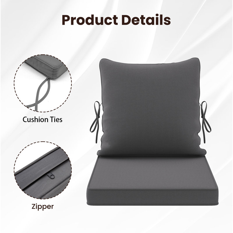 Ensemble de coussins d'extérieur en mousse haute densité 24 x 24 x 3,5 pouces avec housse hydrofuge et résistante aux rayons UV pour siège d'extérieur