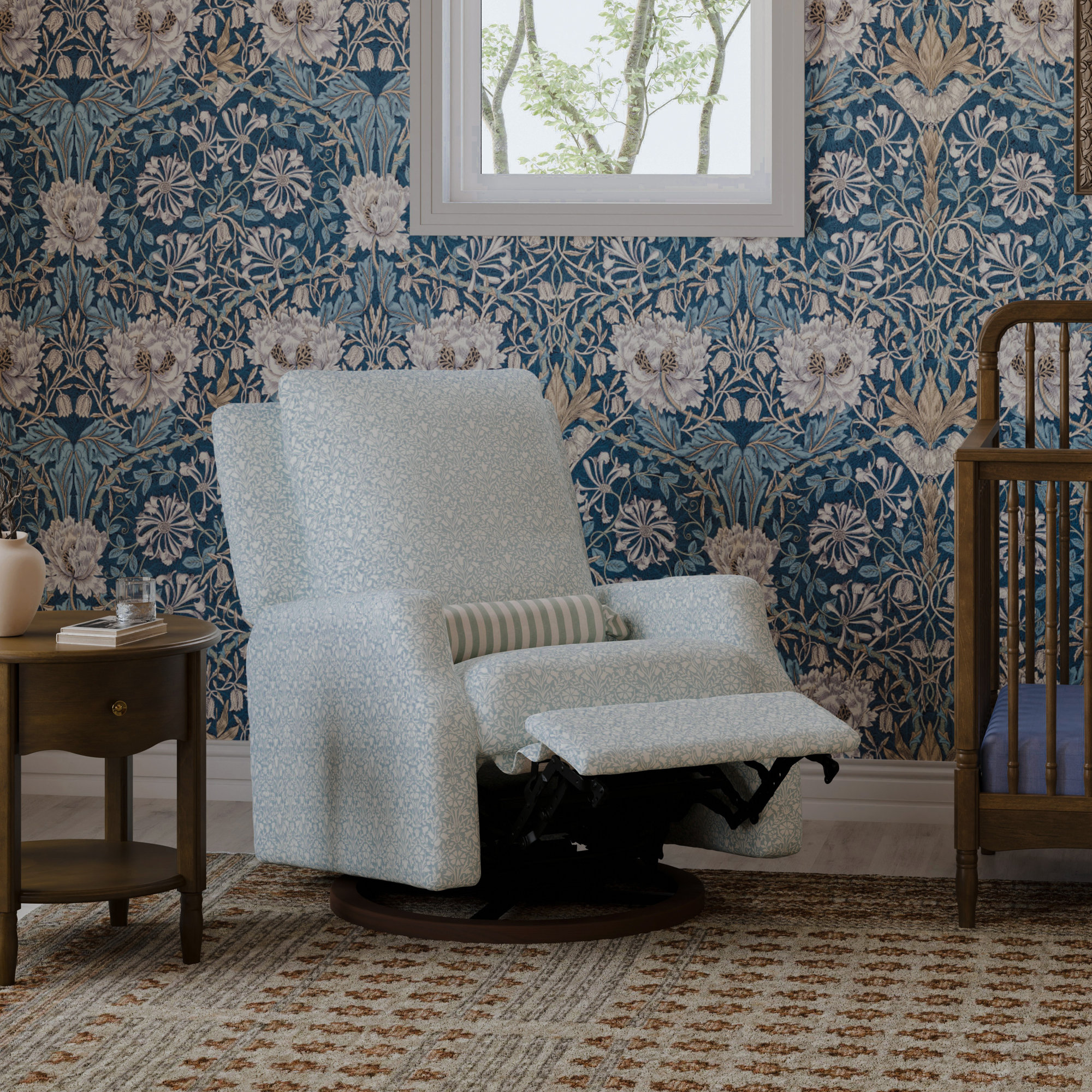 Morris & Co. x Namesake Crewe Recliner & Glider, Bellflowers in Powdered Blue w/Dark Wood Base