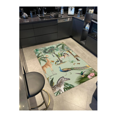Green Themed Multicolored Giraffe And Lion Patterned Modern Decorative Carpet