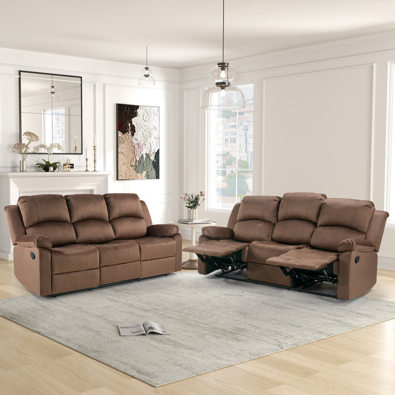 81.9'' Wide Modern Comfortable Microfiber Manual Recliner Sofa with Super Soft Backrest (Set of 2), Brown