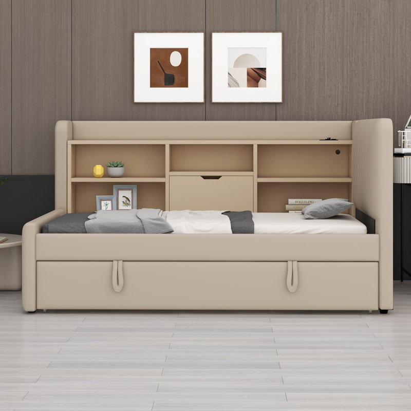 Upholstered Daybed With Trundle, Storage Shelves, USB & Outlet, Beige