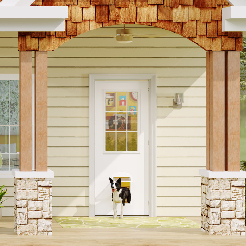 Porte battante extérieure en bois massif blanc calme avec porte en verre transparent de 9 Lite, porte pour chien réglable magnétique et seuil incliné