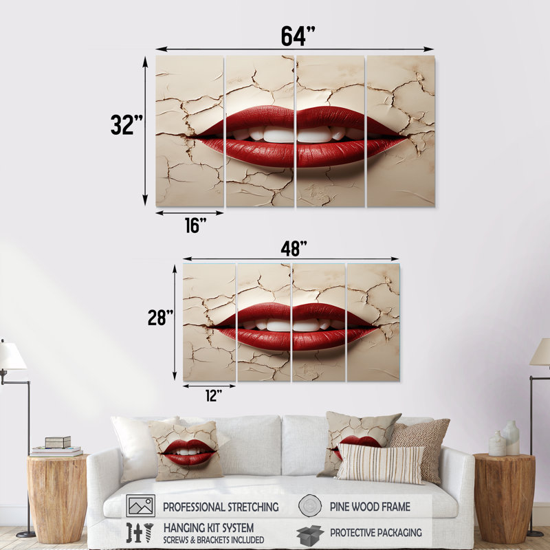 Landyn - Fashion Lips, art mural sur toile, 4 pièces, H 32 po x l 64 po
