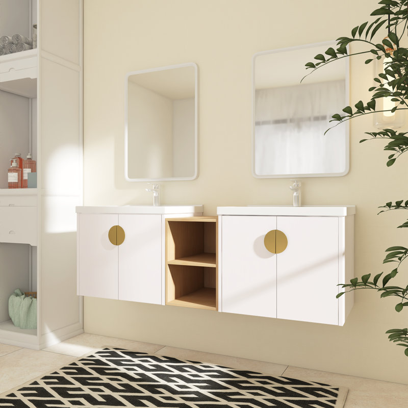 Meuble-lavabo double 59,6 po avec plateau en céramique Makeena, Blanc