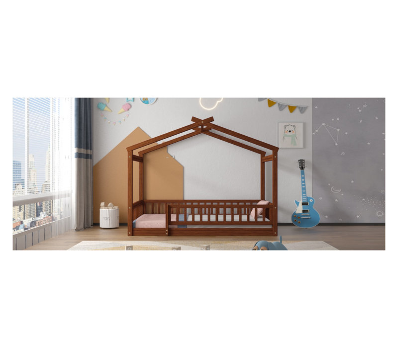 Structure de lit simple en bois avec clôture - maisonnette pour enfants en finition noyer pour garçons et filles, Lit simple