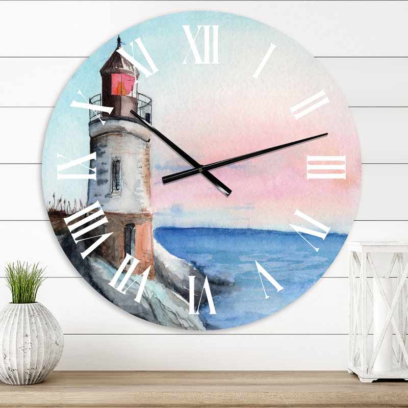 Un phare sur un rivage en début de matinée - horloge murale nautique et côtière, Très petit