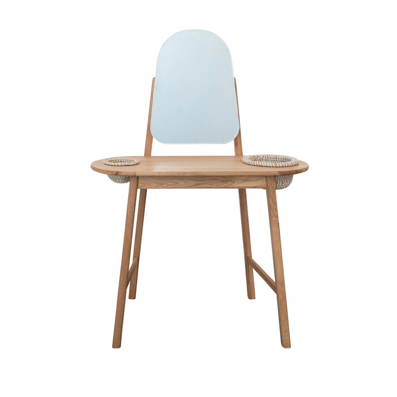 Oak Wood And MDF Vanity Table With Mirror And 2 Hand-Woven Rattan Baskets